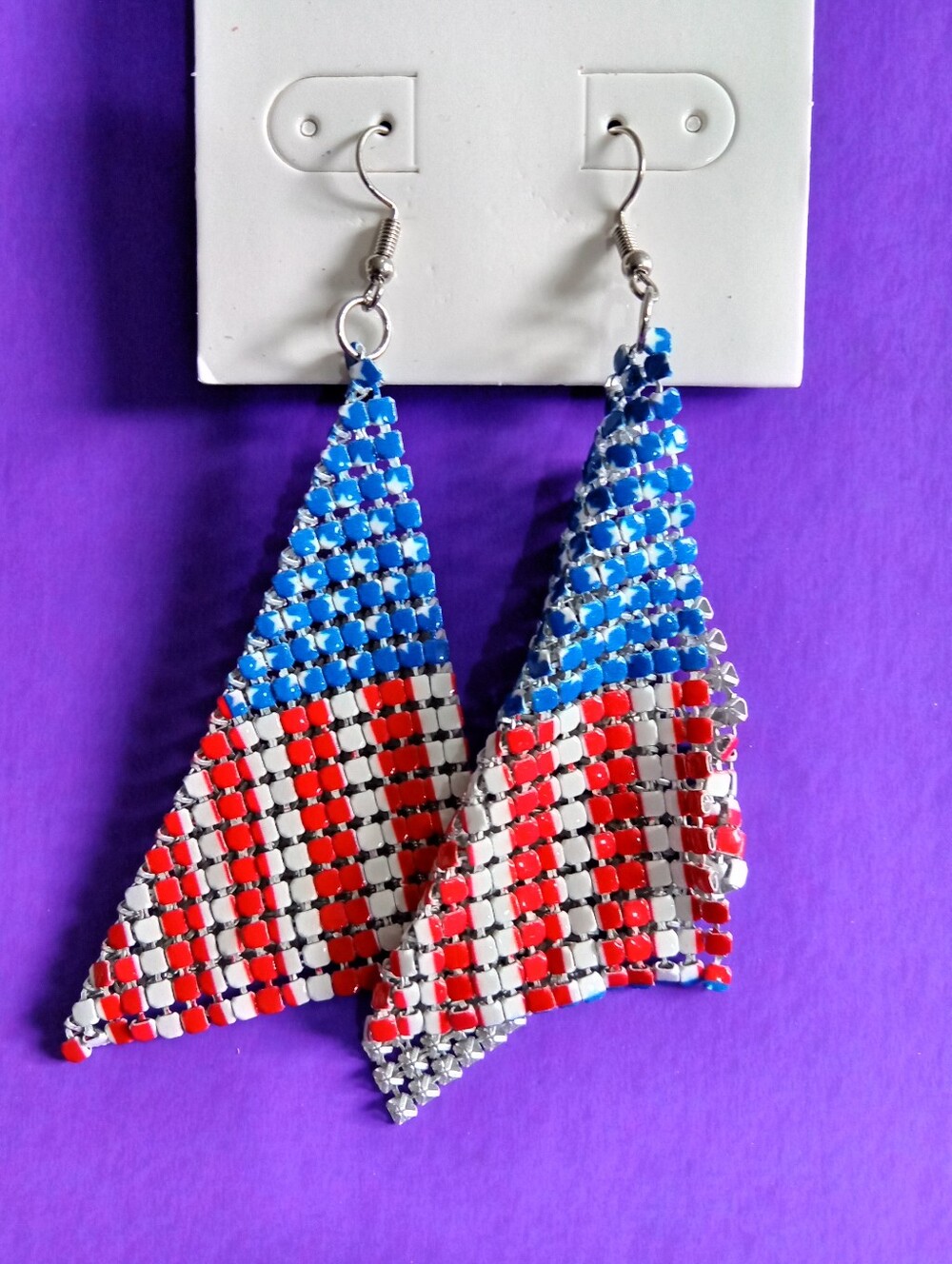 Blue, Red & White Beaded Triangle Dangle Earrings